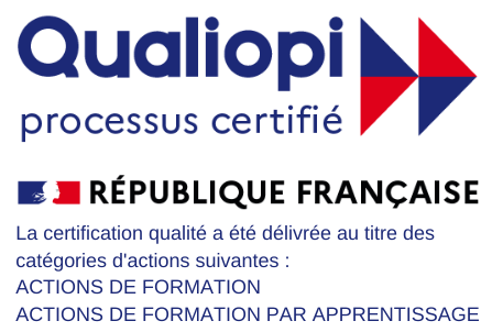Qualiopi, processus certifié. La certification qualité a été délivrée au titre des catégories d'actions suivantes : actions de formation, actions de formation par apprentissage